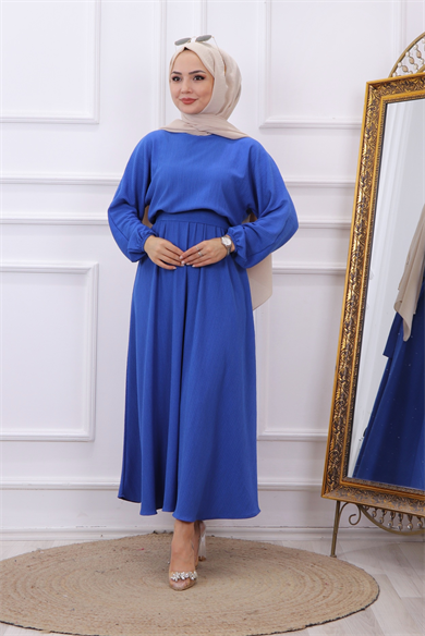 Kuşaklı Elbise Saks Mavisi