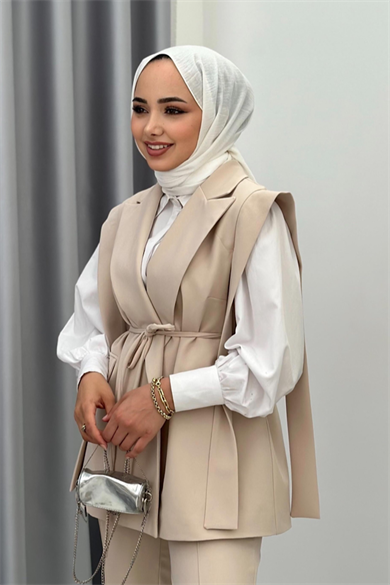 Kuşaklı Yelekli Takım Bej