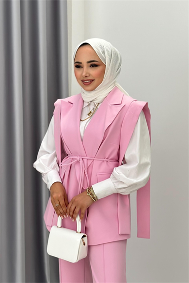 Kuşaklı Yelekli Takım Pembe