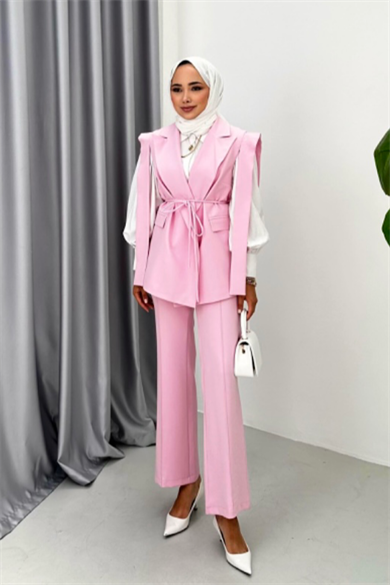 Kuşaklı Yelekli Takım Pembe