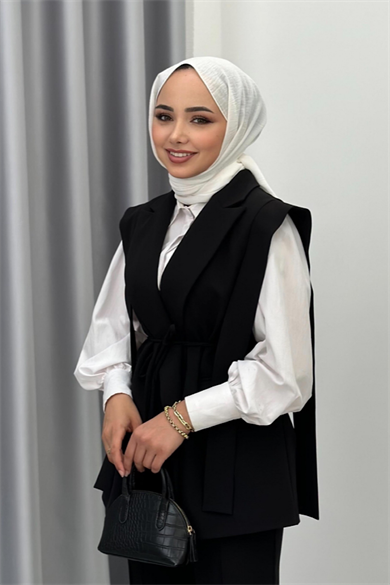 Kuşaklı Yelekli Takım Siyah