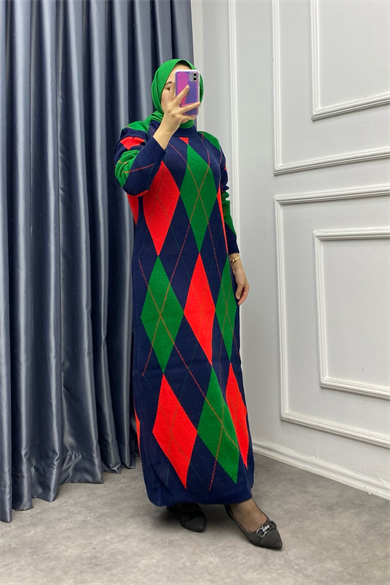 Lacivert Kırmızı Baklava Desen Triko Elbise