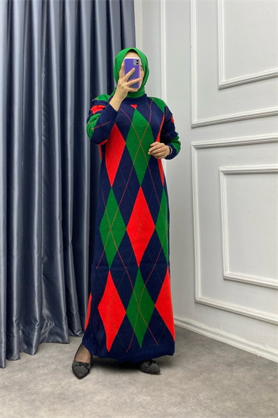 Lacivert Kırmızı Baklava Desen Triko Elbise