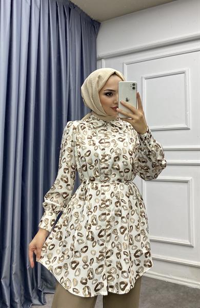 Leopar Desen Saten Takım Vizon