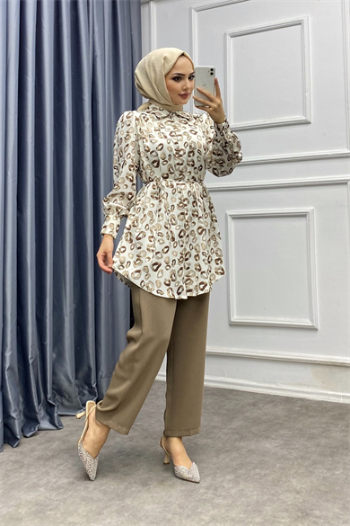 Leopar Desen Saten Takım Vizon