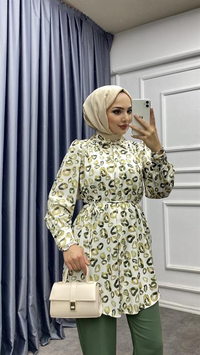 Leopar Desen Saten Takım Yeşil