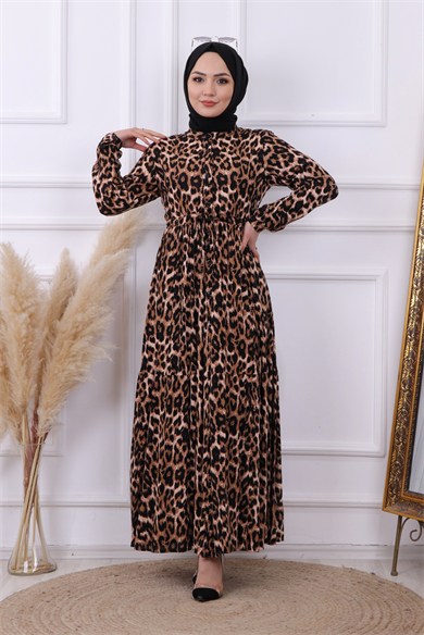 Leopar Desen Viskon Elbise