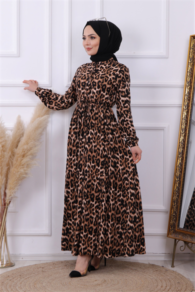 Leopar Desen Viskon Elbise