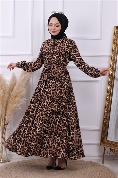 Leopar Desen Viskon Elbise