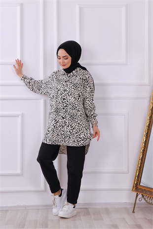 Leopar Desenli Önden Düğmeli Tunik