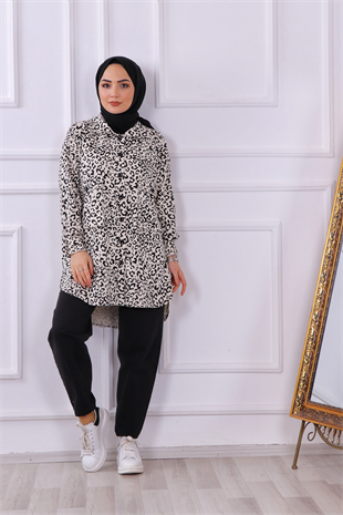 Leopar Desenli Önden Düğmeli Tunik