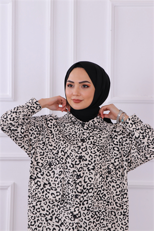 Leopar Desenli Önden Düğmeli Tunik