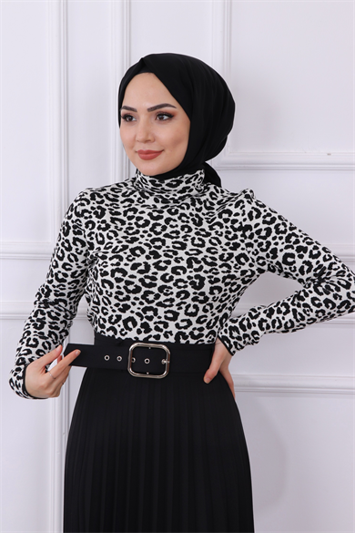 Leoparlı Bluz Beyaz-Siyah