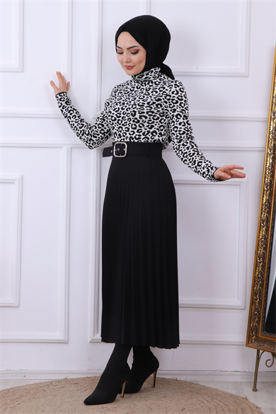 Leoparlı Bluz Beyaz-Siyah