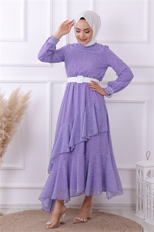Lila Puantiyeli Geometrik Model Elbise