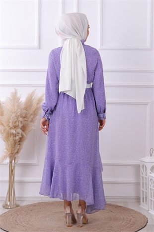 Lila Puantiyeli Geometrik Model Elbise