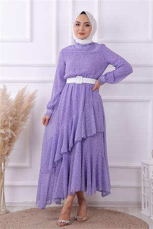 Lila Puantiyeli Geometrik Model Elbise