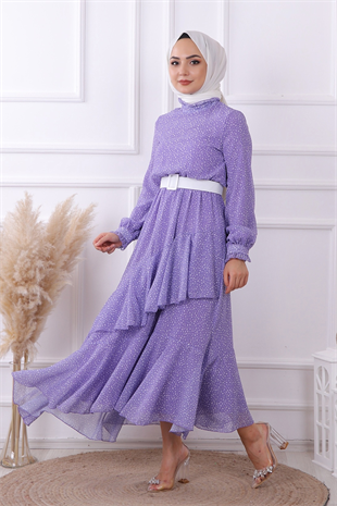 Lila Puantiyeli Geometrik Model Elbise