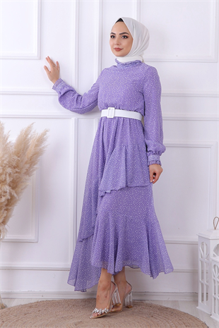 Lila Puantiyeli Geometrik Model Elbise