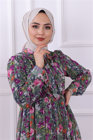 Lmlf Beli Lastikli Çicek Desenli Elbise Yeşil