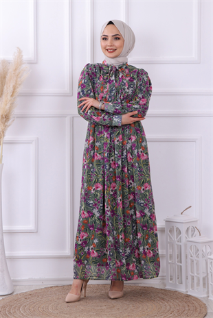 Lmlf Beli Lastikli Çicek Desenli Elbise Yeşil