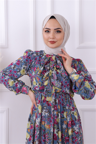 Lmlf Beli Lastikli Çicek Desenli Elbise İndigo