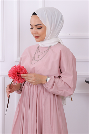 Mevlana Model Kemerli Elbise Pudra