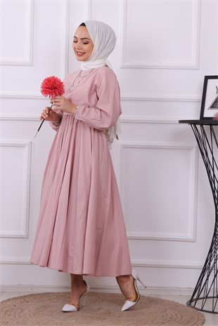 Mevlana Model Kemerli Elbise Pudra