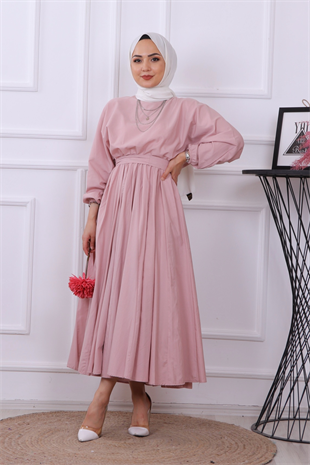 Mevlana Model Kemerli Elbise Pudra
