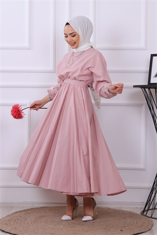 Mevlana Model Kemerli Elbise Pudra