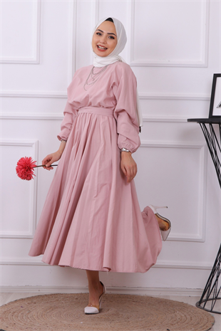 Mevlana Model Kemerli Elbise Pudra