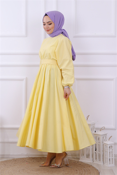 Mevlana Model Kemerli Elbise Sarı