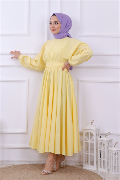 Mevlana Model Kemerli Elbise Sarı