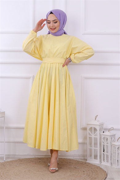Mevlana Model Kemerli Elbise Sarı