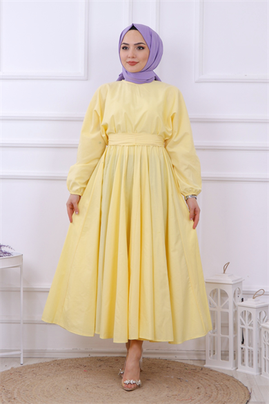 Mevlana Model Kemerli Elbise Sarı