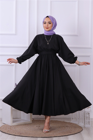 Mevlana Model Kemerli Elbise Siyah