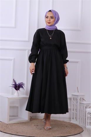 Mevlana Model Kemerli Elbise Siyah