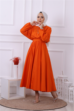 Mevlana Model Kemerli Elbise Turuncu