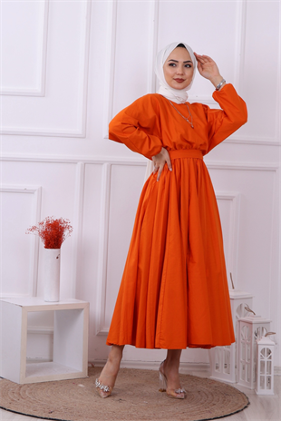 Mevlana Model Kemerli Elbise Turuncu