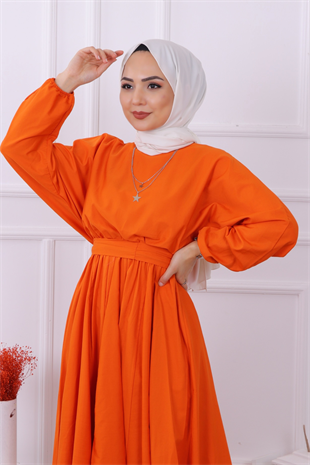 Mevlana Model Kemerli Elbise Turuncu