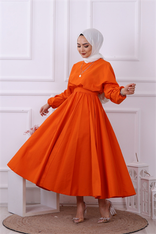 Mevlana Model Kemerli Elbise Turuncu