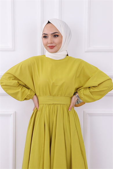 Mevlana Model Kemerli Elbise Yağ Yeşili
