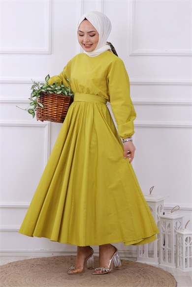 Mevlana Model Kemerli Elbise Yağ Yeşili