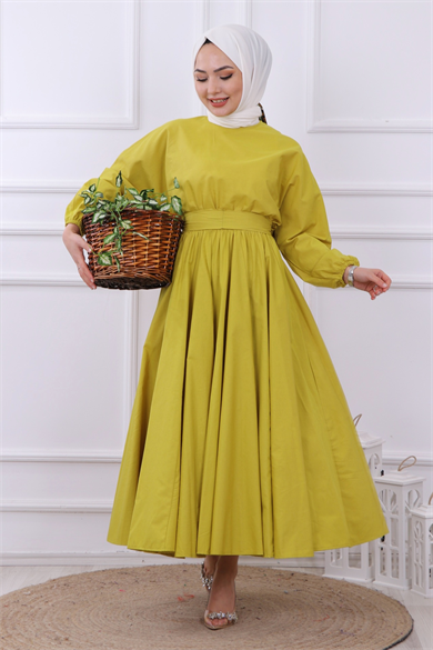Mevlana Model Kemerli Elbise Yağ Yeşili