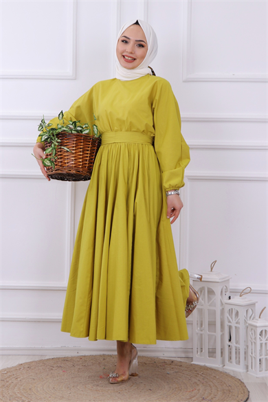 Mevlana Model Kemerli Elbise Yağ Yeşili