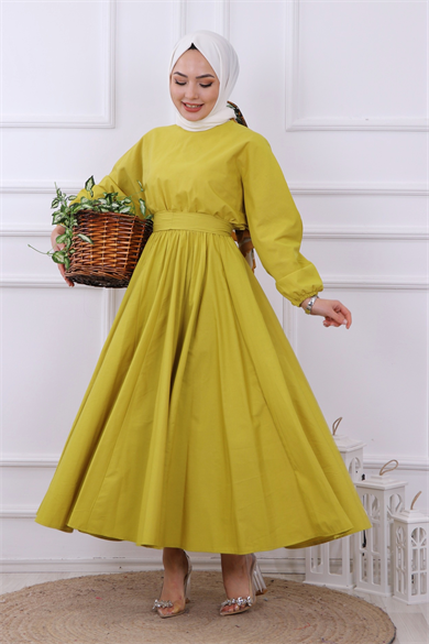 Mevlana Model Kemerli Elbise Yağ Yeşili