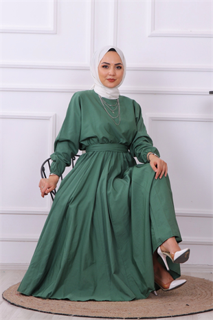 Mevlana Model Kemerli Elbise Yeşil