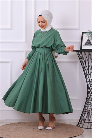 Mevlana Model Kemerli Elbise Yeşil