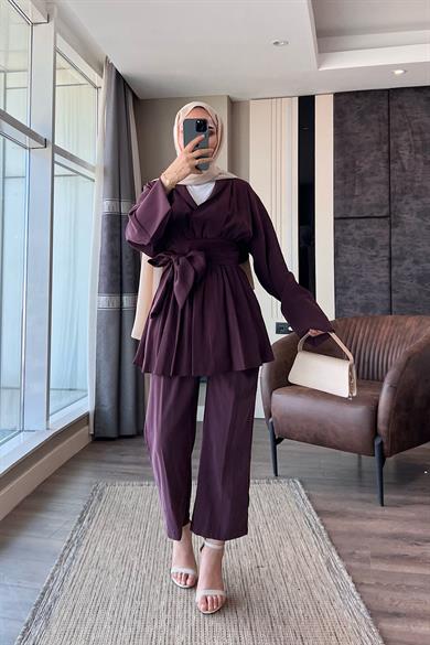 Modal Kumaş Geniş Kuşaklı Takım Bordo