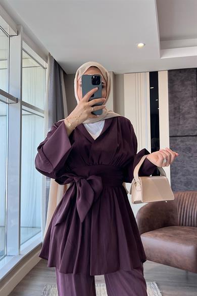 Modal Kumaş Geniş Kuşaklı Takım Bordo